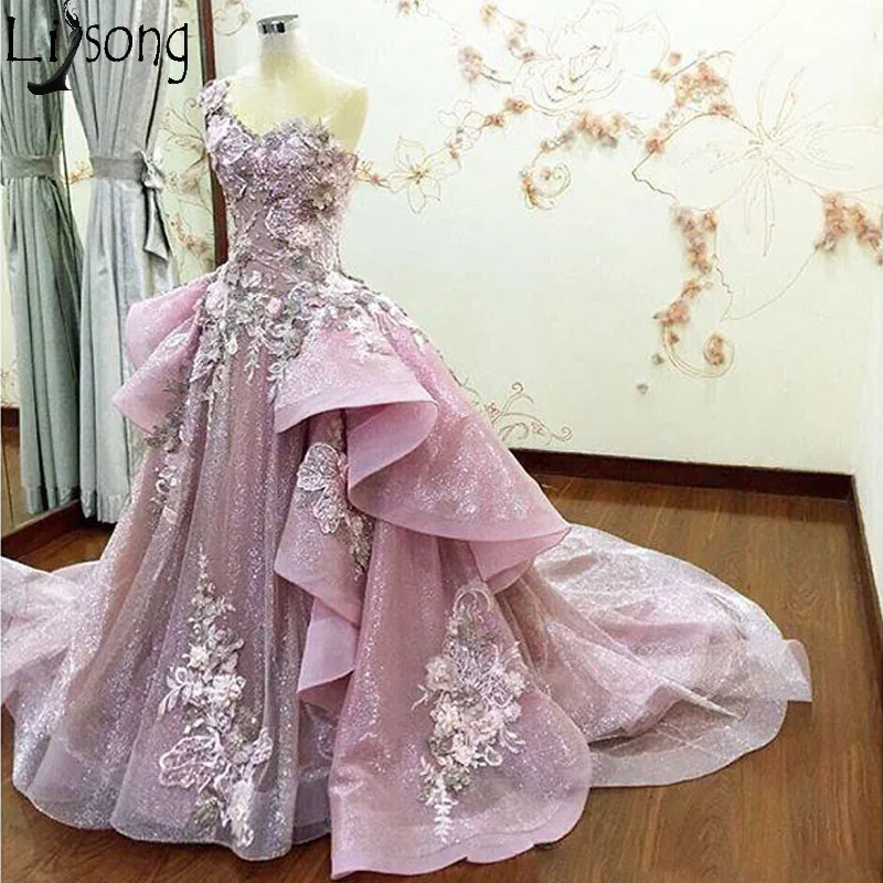 Real Image Prom Dresses With Detachable Train Sheer Neck Ruffle Flower Applique Beads Evening Dress Spring Summer Crystal Pink Party Gowns 219