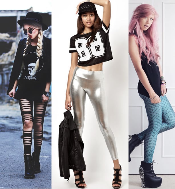 Picture collage of three models wearing different leggings outfits; grunge outfit with slashed black leggings, a sporty outfit with metallic slilver leggings and a cute outfit with mermaid print metallic leggings