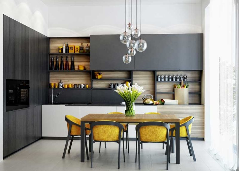 Желтые стулья на кухне с черным гарнитуром