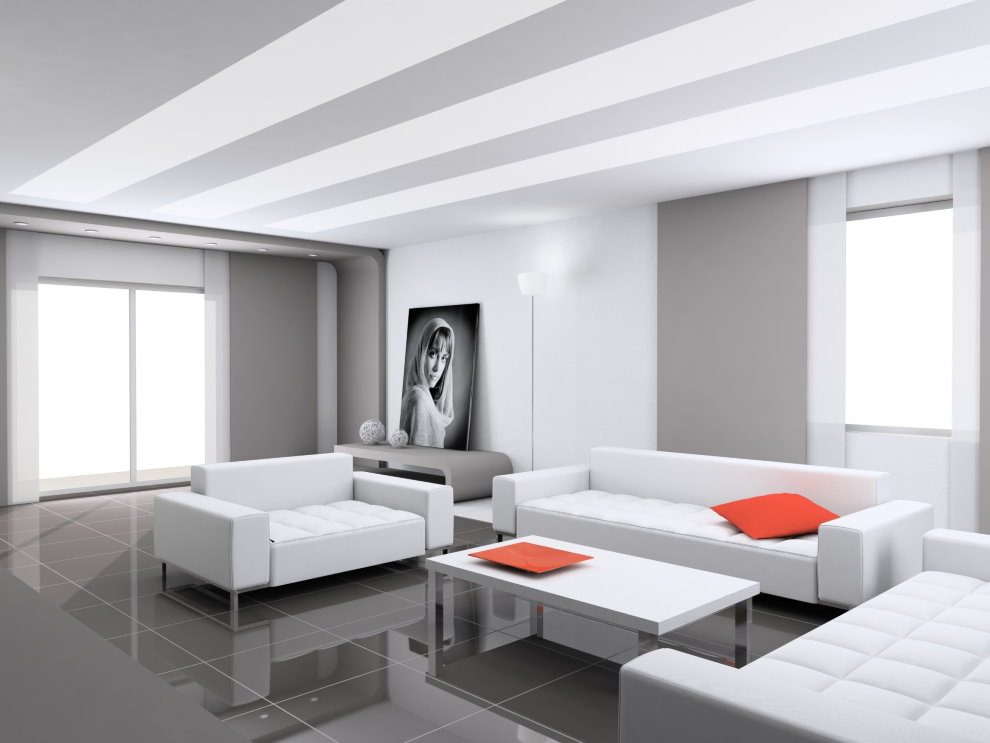 Белая мебель на сером полу гостиной в стиле хай-тек