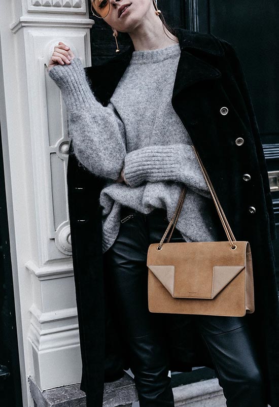 Девушка в свитере и черном пальто