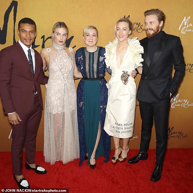 Secret: Their co-stars were said to have had no idea they were together until the premiere in New York on Tuesday pictured with [L-R] Ismael Cruz Cordova, Margot Robbie, Josie Rourke