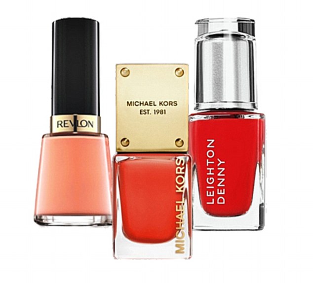 Try peachy Privileged, the new shade in Revlon’s Nail Enamel line(left) or Michael Kors Into The Glow in Paradise (centre) which comes in a striking coral colour while Leighton Denny’s Caught Red Handed (right) is a deep and rich shade