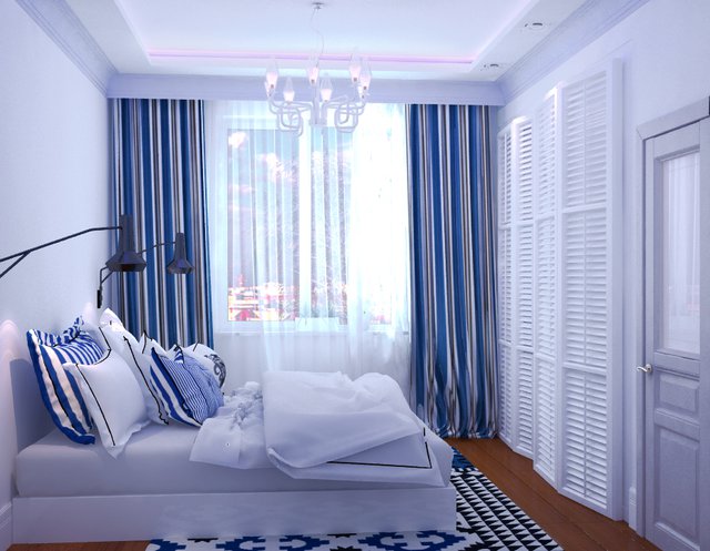 Стильный дуэт белого и синего в дизайне спальни