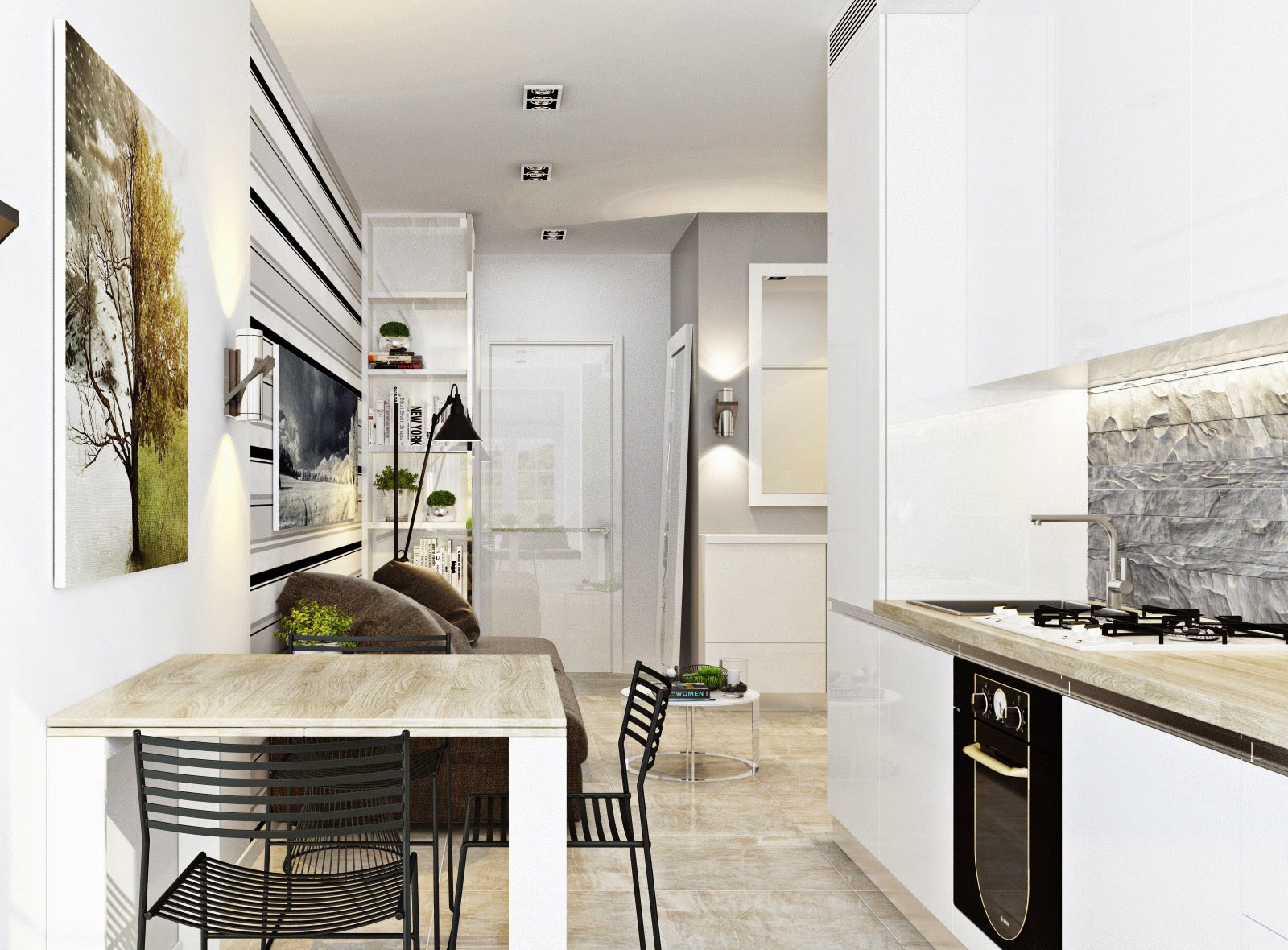 Интерьер кухни и столовой в стиле белый минимализм