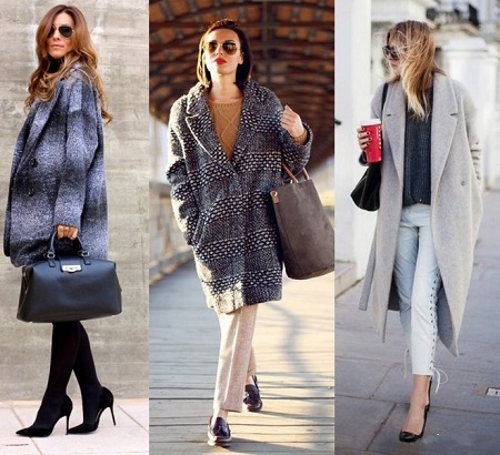 Девушки в трех разных серых пальто оверсайз и туфлях
