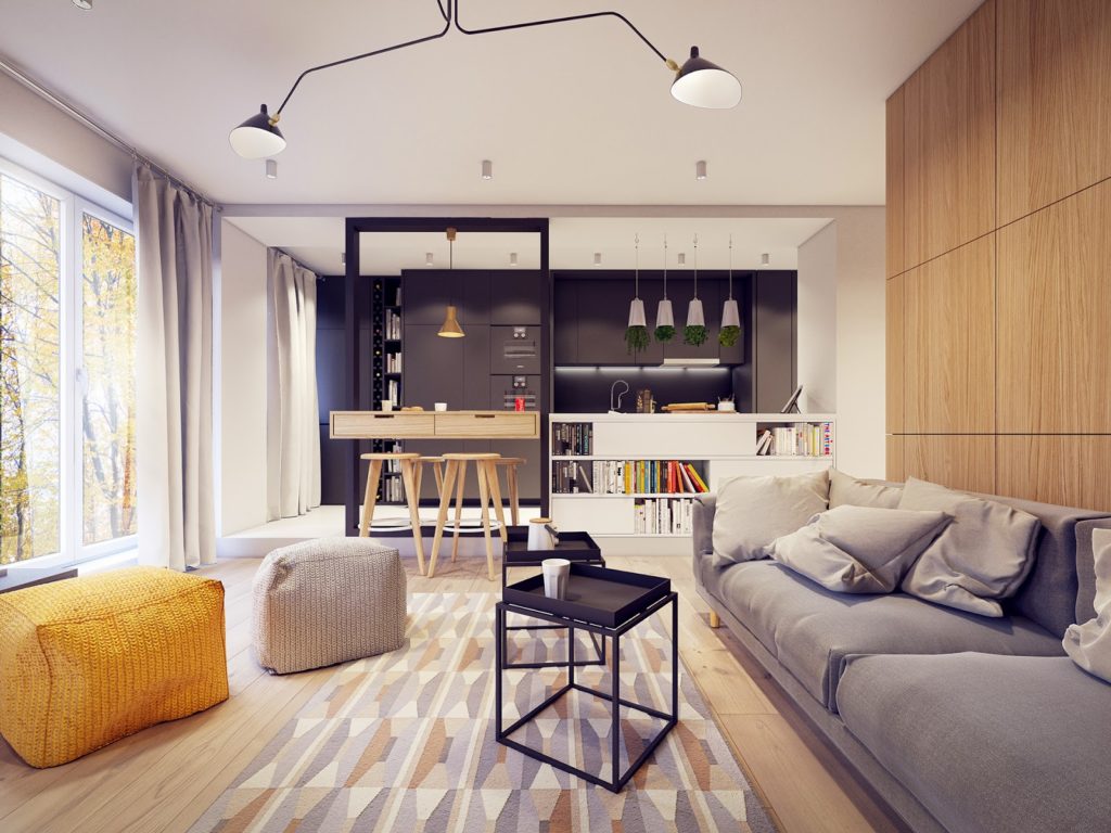 Красивый современный интерьер гостиной с деревянными панелями