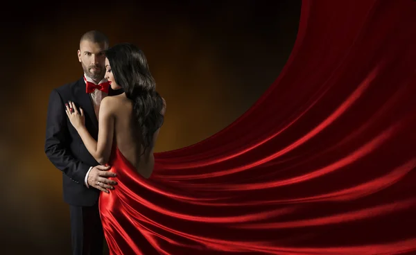 Пара портрет красоты, мужчина в костюме женщина в красном платье, богатая леди платье Лицензионные Стоковые Фото