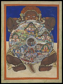 Yama holding the Bhavacakra or Wheel of life. Gouache. Wellcome L0069380.jpg