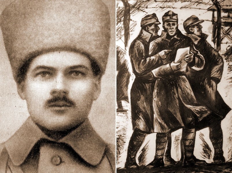 ​Слева портрет Лайоша Винермана (1888 — 1918). Справа рисунок из книги З.А. Дымова «Мои дорогие друзья», изображающий венгерских пленных в тоцких лагерях - Красный гусар против белых казаков 