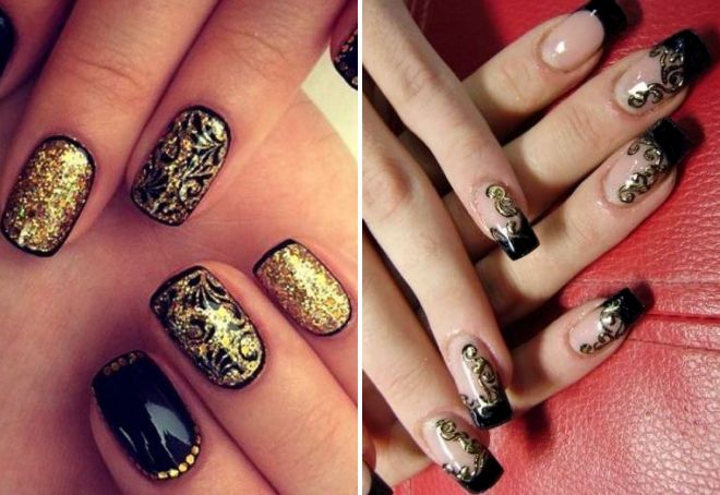 черный дизайн ногтей с золотом