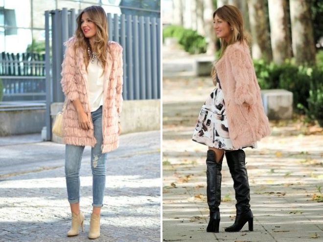 розовое меховое пальто
