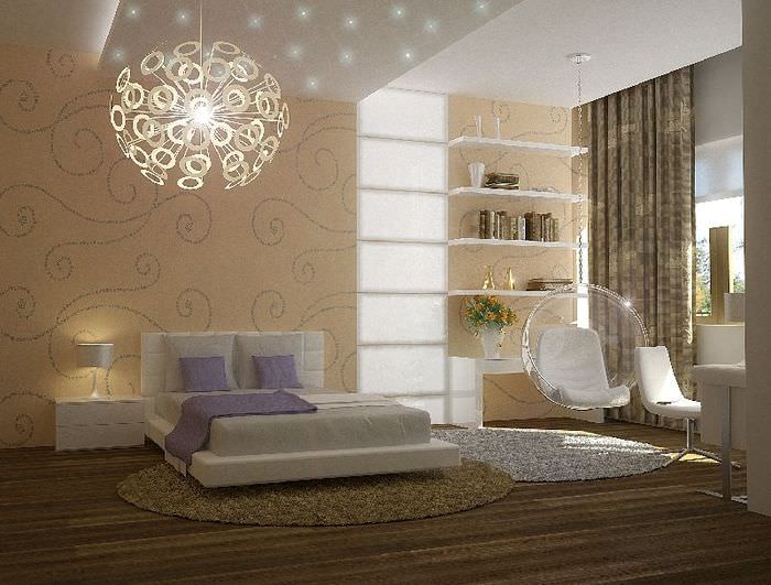 Декоративный потолочный светильник в спальне городской квартиры